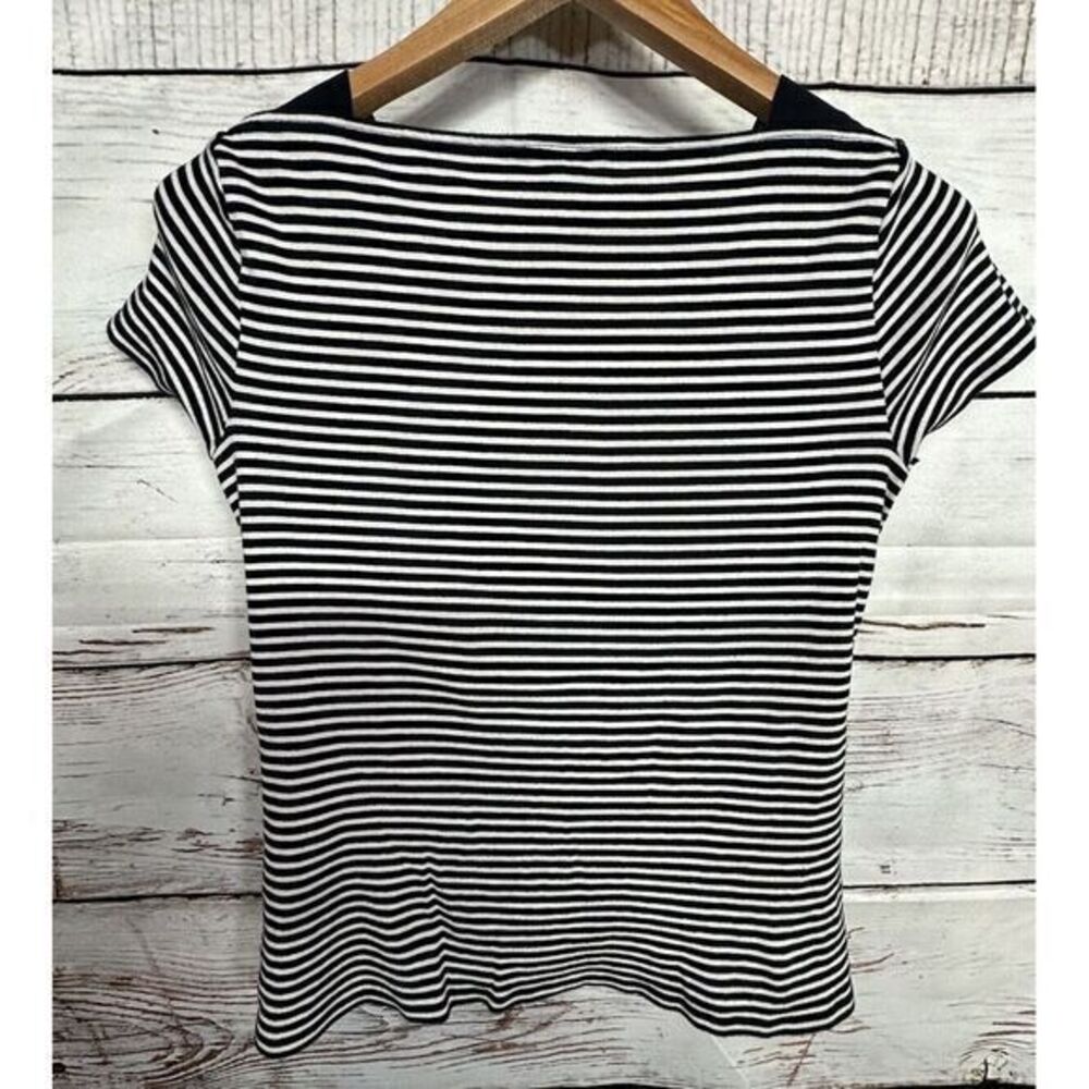 Ralph Lauren Black White Stripe Short Sleeve Button Accent T-shirt Large Women's - Picture 2 of 7